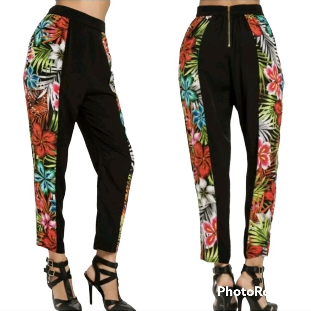Line & Dot Silk High Waisted Black Tropical Rainbow Floral Pants Size‎ XS NWT